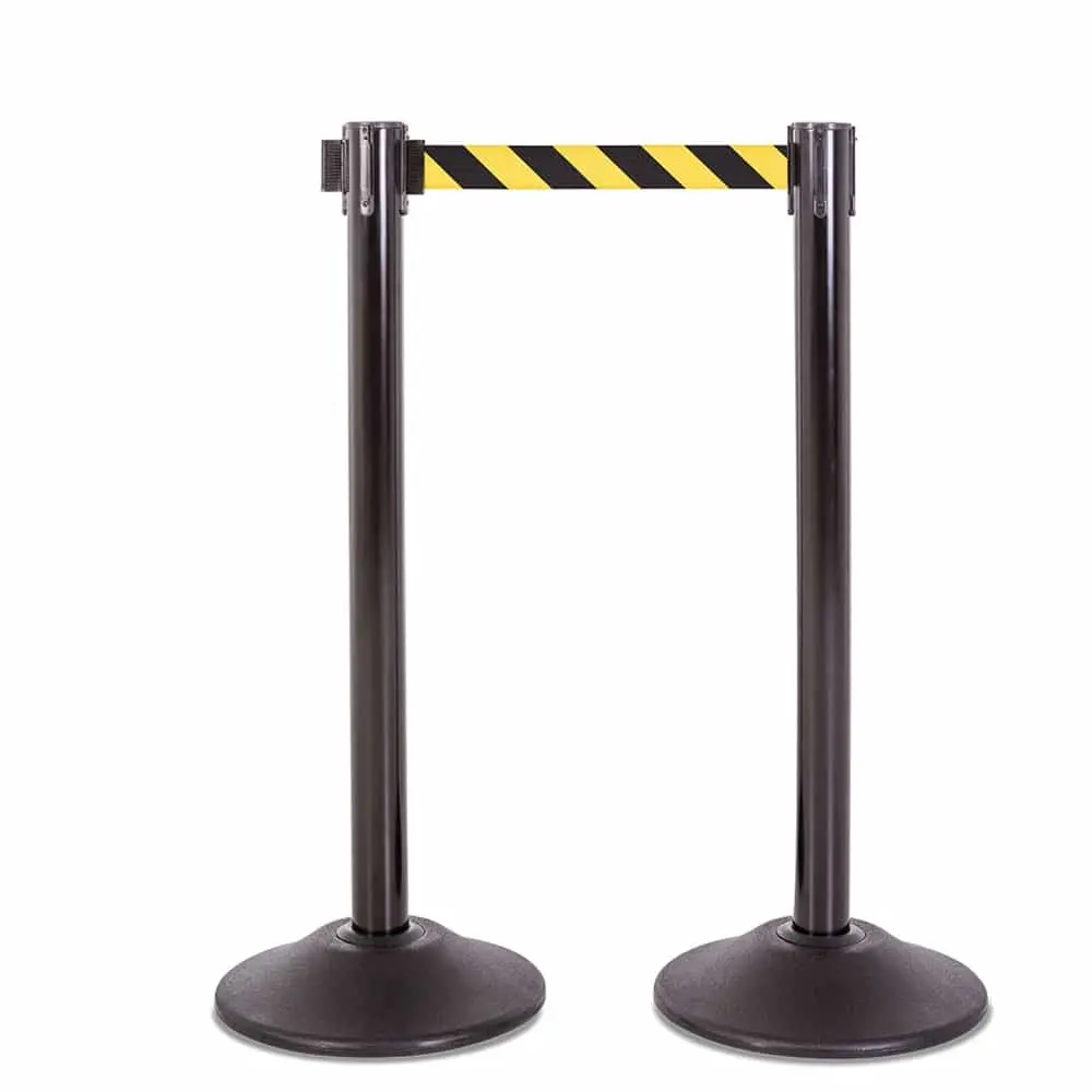 Premium Retractable Belt Stanchion - Black Steel Post & With 15Lb Base & 7.5' Safety Yellow/Black Chevron Belt (2 Pack) 1