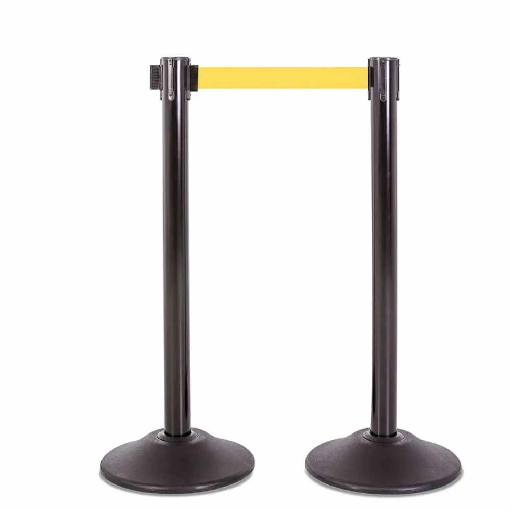 Premium Retractable Belt Stanchion - Black Steel Post With 15Lb Base & 7.5' Yellow Belt (2 Pack) 1