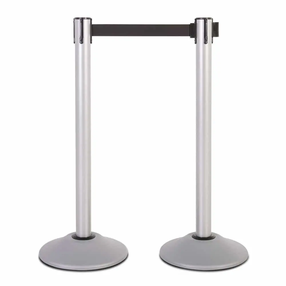 Premium Retractable Belt Stanchion - Silver Powder Coated Steel Post With 15Lb Base & 7.5' Black Belt (2 Pack) 1