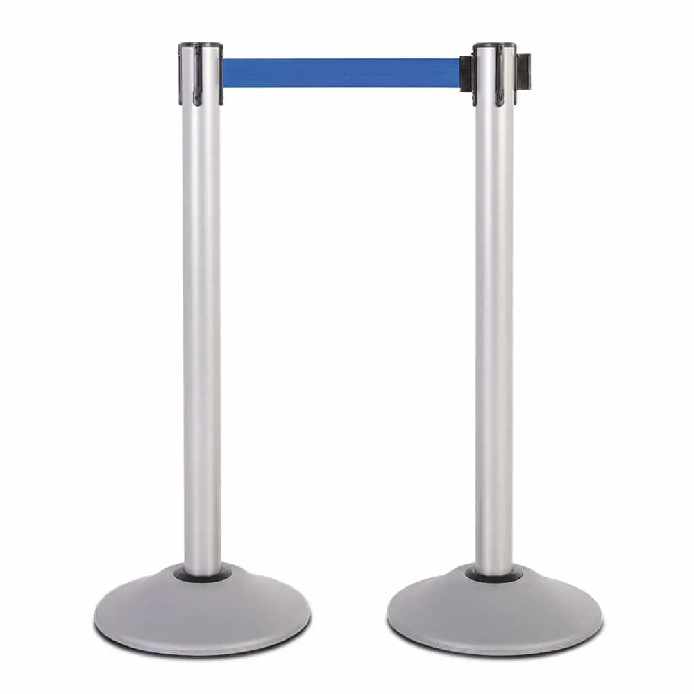 Premium Retractable Belt Stanchion - Silver Powder Coated Steel Post With 15Lb Base & 7.5' Blue Belt (2 Pack) 1