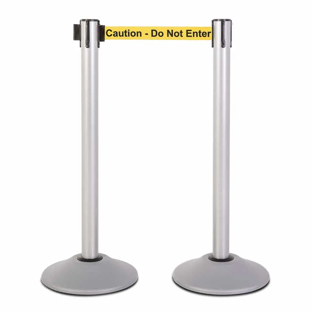 Premium Retractable Belt Stanchion - Silver Powder Coated Steel Post With 15Lb Base & 7.5' "Caution - Do Not Enter" Belt (2 Pack) 1