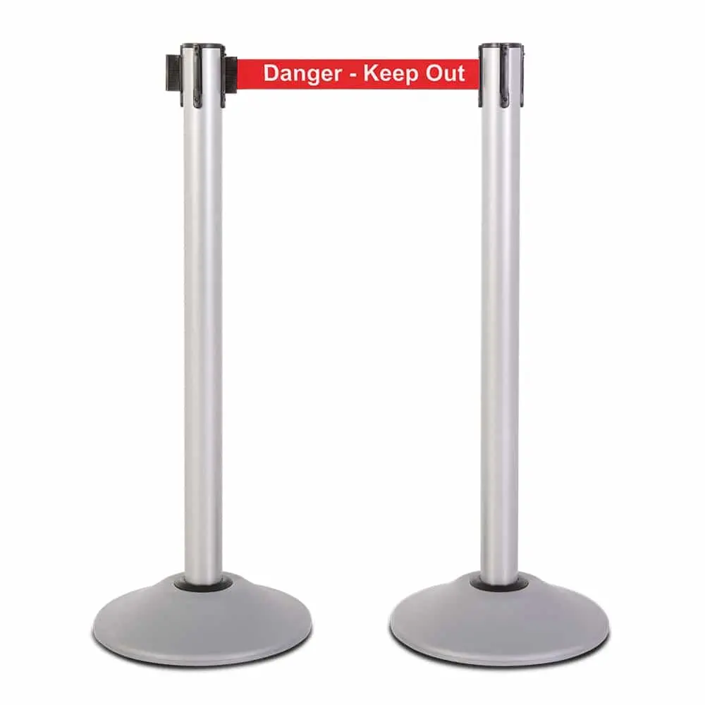 Premium Retractable Belt Stanchion - Silver Powder Coated Steel Post With 15Lb Base & 7.5' "Danger - Keep Out" Belt (2 Pack) 1