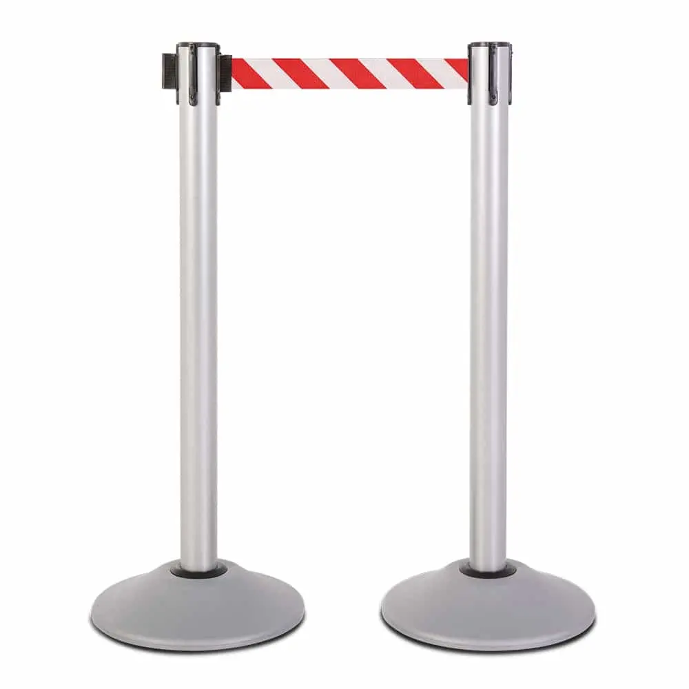 Premium Retractable Belt Stanchion - Silver Powder Coated Steel Post With 15Lb Base & 7.5' Danger Red/White Chevron Belt (2 Pack) 1
