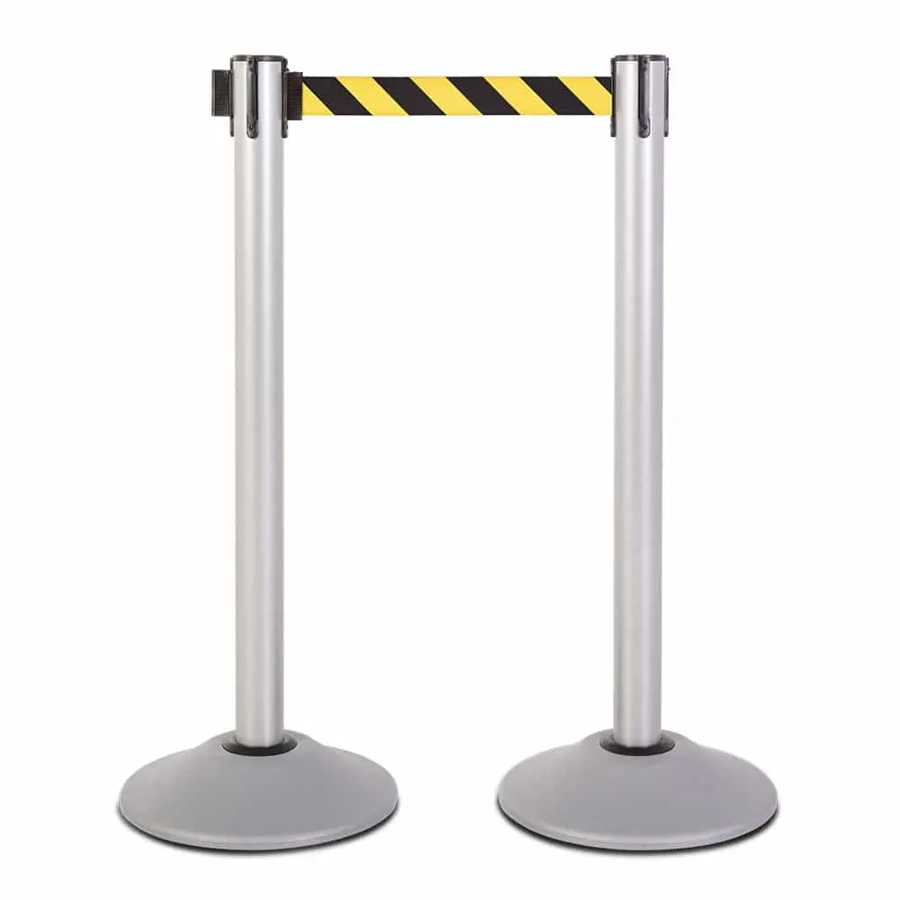 Premium Retractable Belt Stanchion - Silver Powder Coated Steel Post With 15Lb Base & 7.5' Safety Yellow/Black Chevron Belt (2 Pack) 1