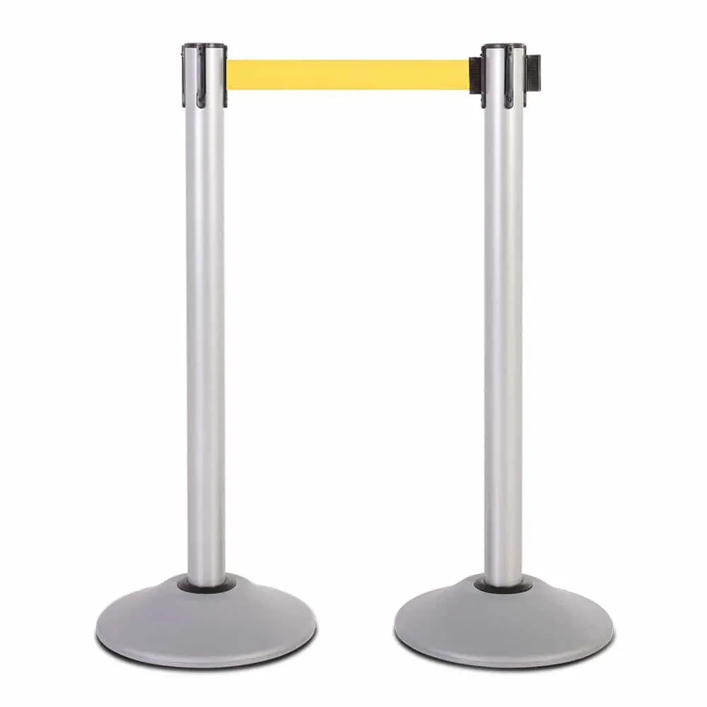 Premium Retractable Belt Stanchion - Silver Powder Coated Steel Post With 15Lb Base & 7.5' Yellow Belt (2 Pack) 1