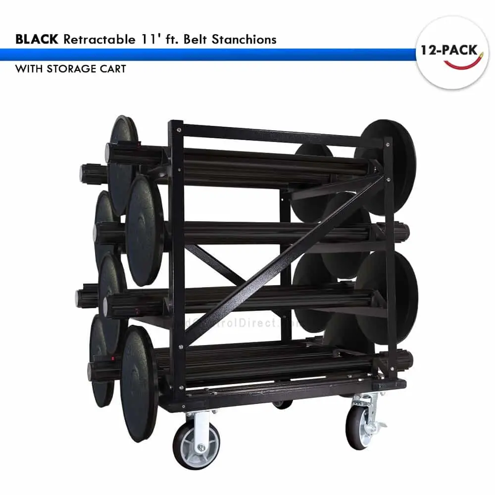 Set: 12 Black Retractable 11' Ft. Belt Stanchions, With Storage Cart 1