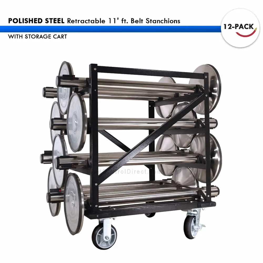 Set: 12 Polished Steel Retractable 11' Ft. Belt Stanchions, With Storage Cart 1