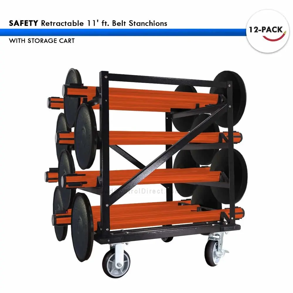 Set: 12 Safety Retractable 11' Ft. Belt Stanchions, With Storage Cart 1