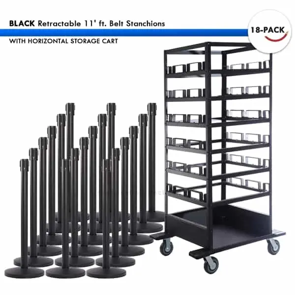 Set: 18 Black Retractable 11' Ft. Belt Stanchions, With Horizontal Storage Cart 1