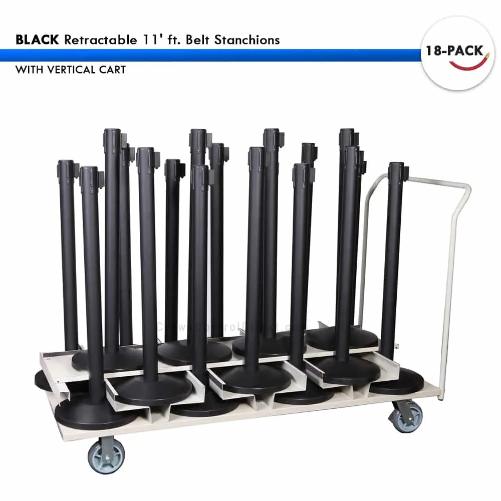 Set: 18 Black Retractable 11' Ft. Belt Stanchions, With Vertical Storage Cart 1