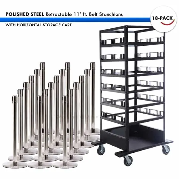 Set: 18 Polished Steel Retractable 11' Ft. Belt Stanchions, With Horizontal Storage Cart 1