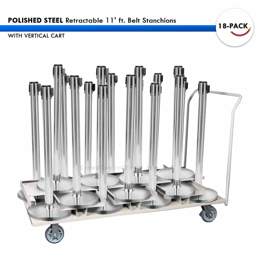 Set: 18 Polished Steel Retractable 11' Ft. Belt Stanchions, With Vertical Storage Cart 1