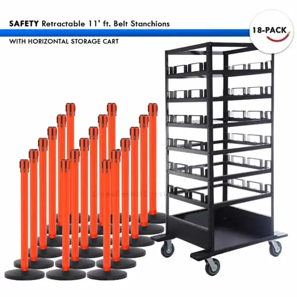 Set: 18 Safety Retractable 11' Ft. Belt Stanchions, With Vertical Storage Cart 1
