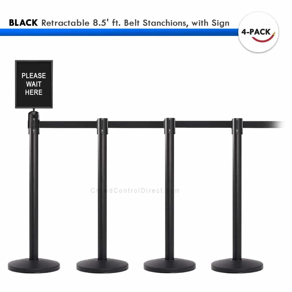 Set: 4 Black Retractable 8.5' Ft. Belt Stanchions, With Sign 1