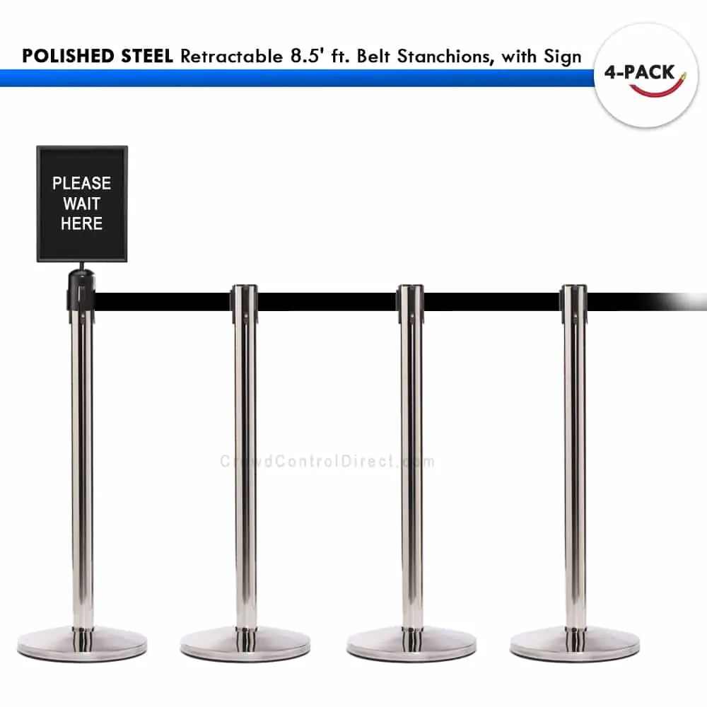 Set: 4 Polished Steel Retractable 8.5' Ft. Belt Stanchions, With Sign 1