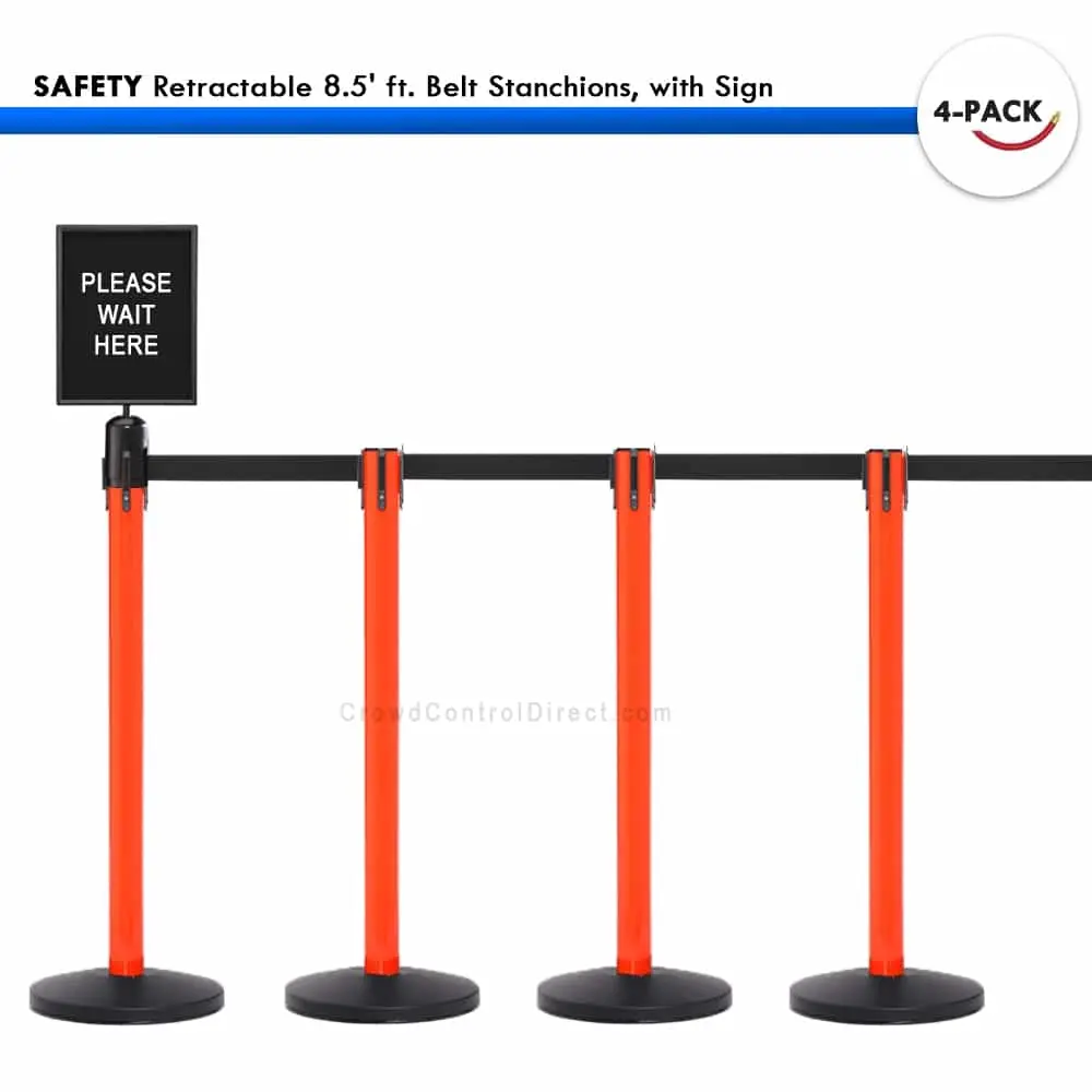 Set: 4 Safety Retractable 8.5' Ft. Belt Stanchions, With Sign 1