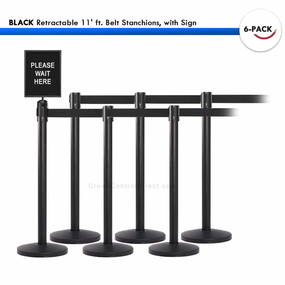 Set: 6 Black Retractable 11' Ft. Belt Stanchions, With Sign 1
