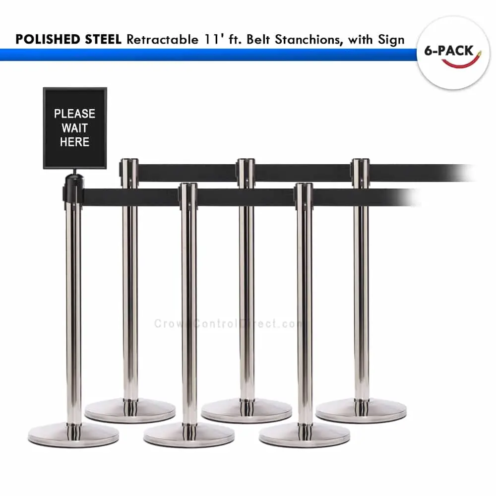 Set: 6 Polished Steel Retractable 11' Ft. Belt Stanchions, With Sign 1