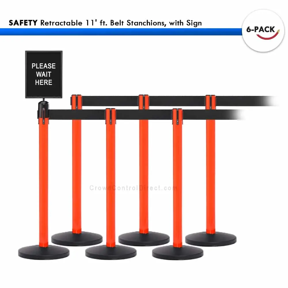 Set: 6 Safety Retractable 11' Ft. Belt Stanchions, With Sign 1