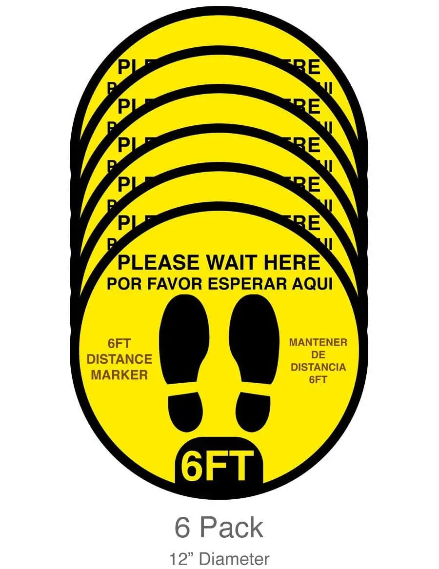 Social Distancing 12" Bilingual Floor Decals For Waiting Lines (6-Pack) 1