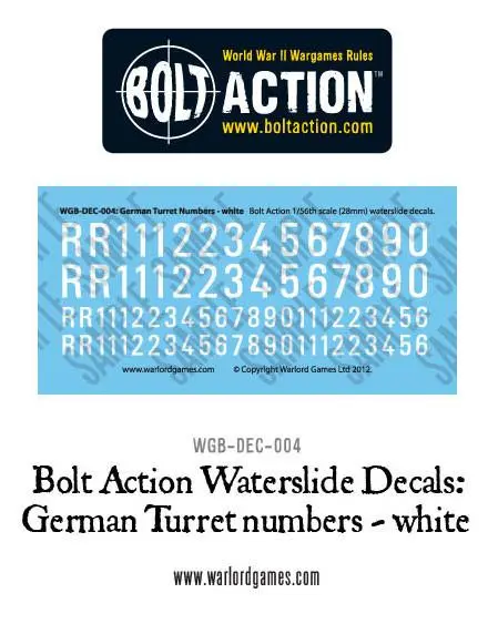 Bolt Action German Turret Numbers - White Decal Sheet 1
