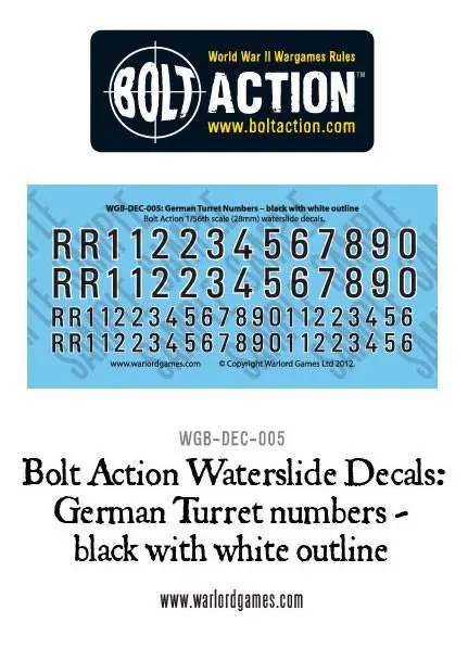 Bolt Action German Turret Numbers - Black With White Outline Decal Sheet 1