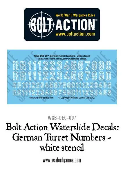 Bolt Action German Turret Numbers - White Stencil Decal Sheet 1