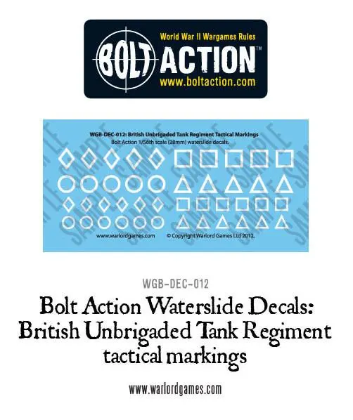 Bolt Action  British Unbrigaded Tank Regiment Tactical Markings  - White Decal Sheet 1