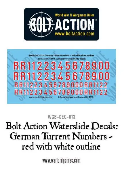 Bolt Action German Turret Numbers - Red With White Outline Decal Sheet 1
