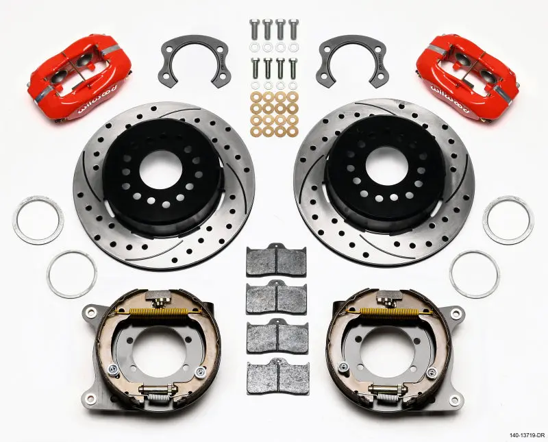 Wilwood Forged Dynalite Power Steering Park Brake Kit – Ford 8.8 Rear Axle, Drilled Rotors, Red Finish, 5-Lug, 2.50" Offset 1