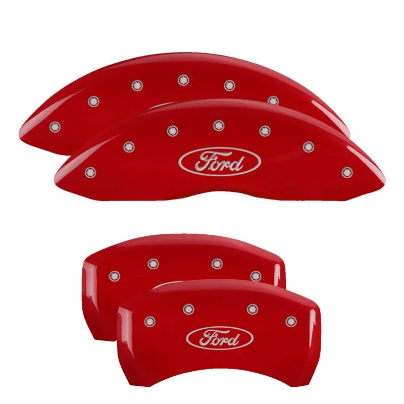 Mgp Engraved 4-Piston Caliper Covers – Front & Rear, Oval Logo Design, Ford Red Accent On Silver Finish 1