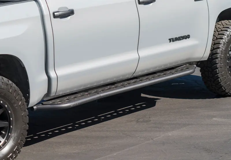 Cali Raised Hybrid Rock Sliders For 2022 Toyota Tundra – No Kick-Out Design, Raw Steel With Bedliner Coating 1