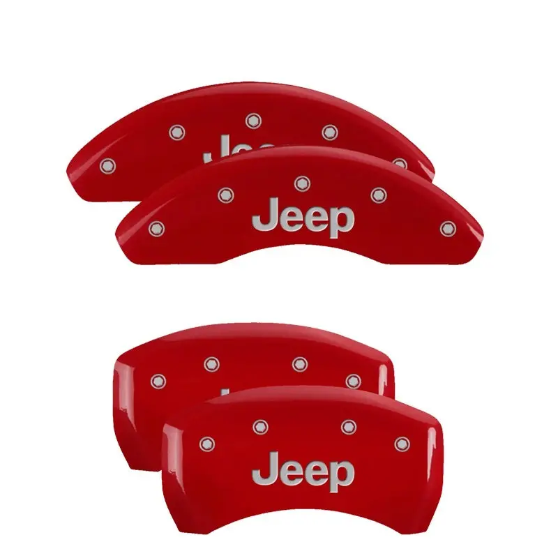 Mgp Engraved 4-Piston Caliper Covers For Jeep – Front And Rear, Red Finish With Silver Chrome Accents 1